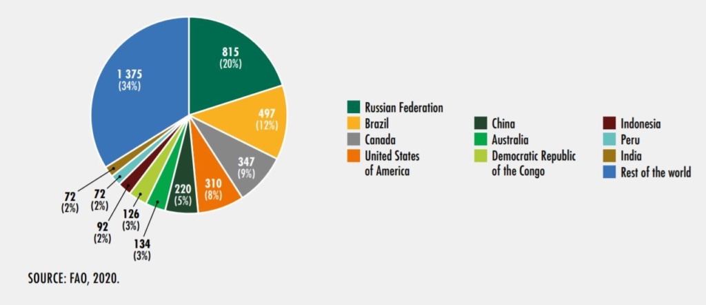 Global distribution of forests showing the ten countries with the largest forest area, 2020 (Million hectares and % of world’s forests)